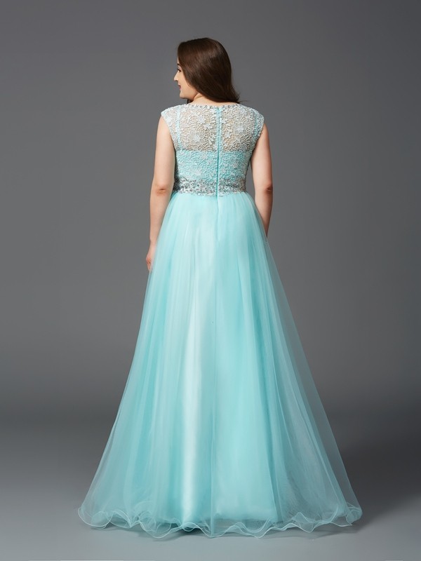 A-Line/Princess Scoop Rhinestone Sleeveless Long Tulle Plus Size Dresses 4329