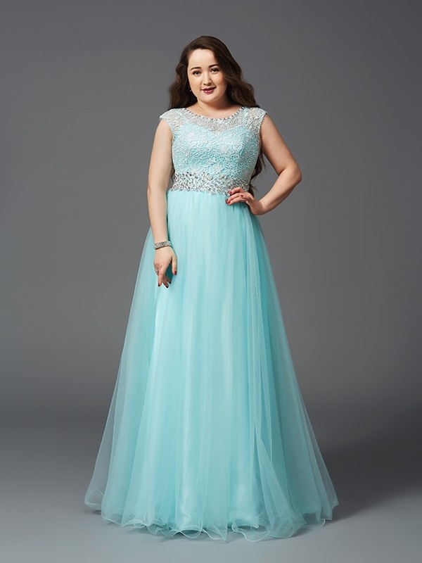 A-Line/Princess Scoop Rhinestone Sleeveless Long Tulle Plus Size Dresses 4329