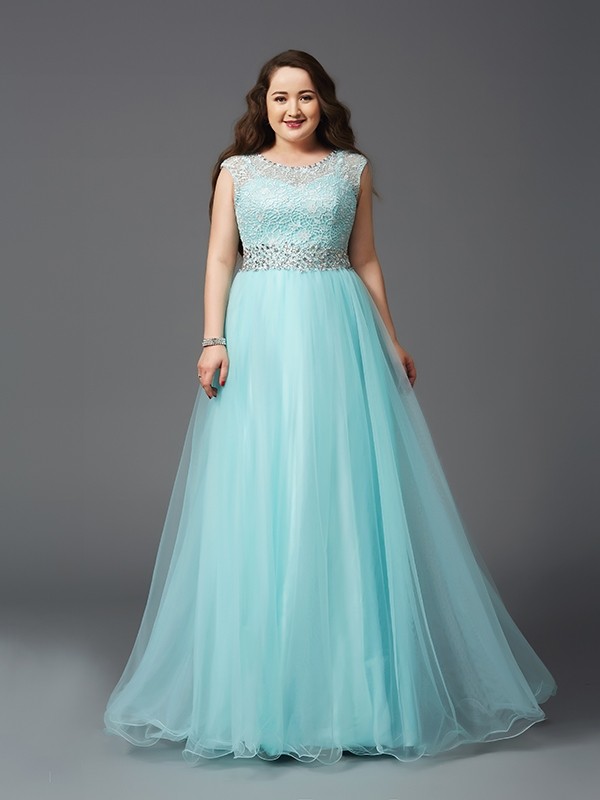 A-Line/Princess Scoop Rhinestone Sleeveless Long Tulle Plus Size Dresses 4329