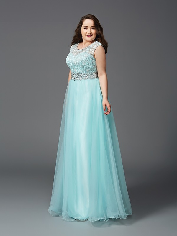 A-Line/Princess Scoop Rhinestone Sleeveless Long Tulle Plus Size Dresses 4329