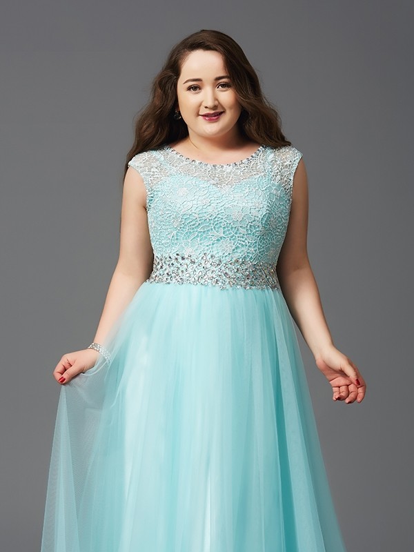 A-Line/Princess Scoop Rhinestone Sleeveless Long Tulle Plus Size Dresses 4329