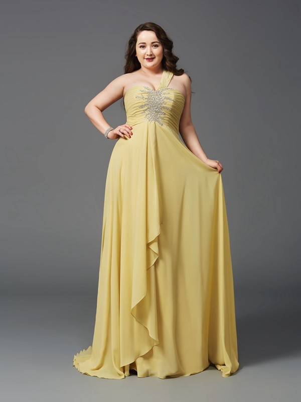 A-Line/Princess One-Shoulder Rhinestone Sleeveless Long Chiffon Plus Size Dresses 3866