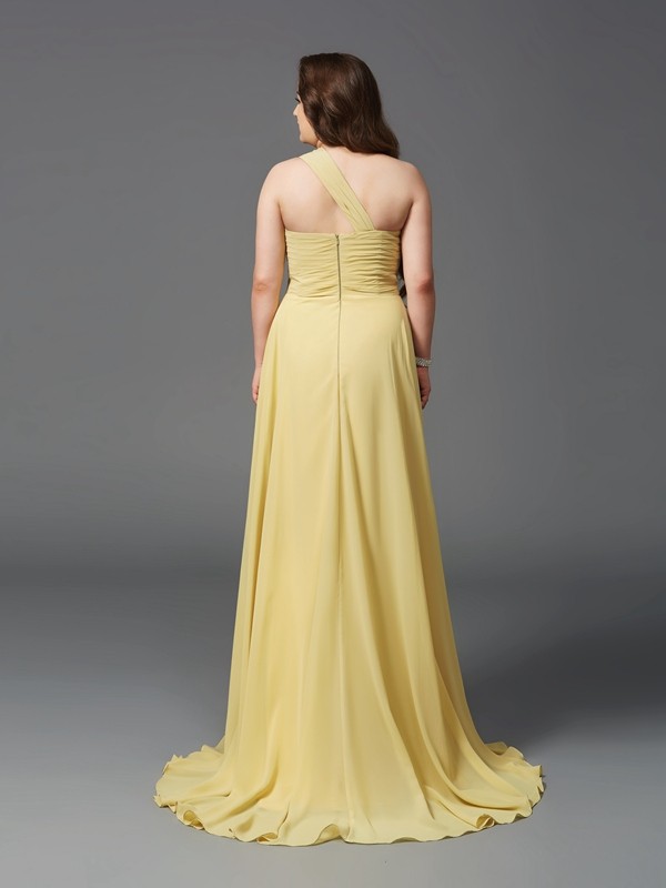 A-Line/Princess One-Shoulder Rhinestone Sleeveless Long Chiffon Plus Size Dresses 3866