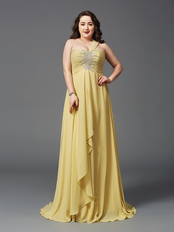 A-Line/Princess One-Shoulder Rhinestone Sleeveless Long Chiffon Plus Size Dresses 3866