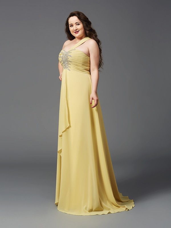 A-Line/Princess One-Shoulder Rhinestone Sleeveless Long Chiffon Plus Size Dresses 3866