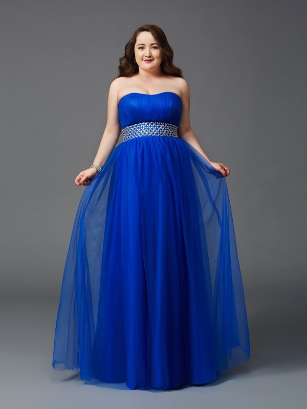 A-Line/Princess Strapless Rhinestone Sleeveless Long Net Plus Size Dresses 4755