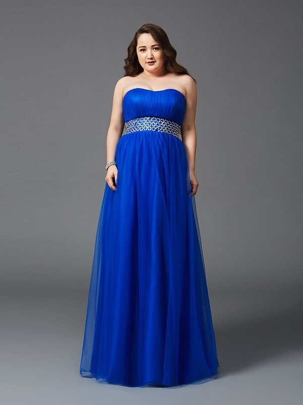 A-Line/Princess Strapless Rhinestone Sleeveless Long Net Plus Size Dresses 4755