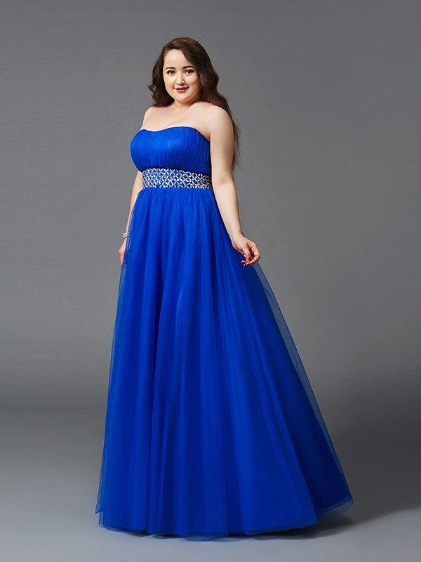 A-Line/Princess Strapless Rhinestone Sleeveless Long Net Plus Size Dresses 4755