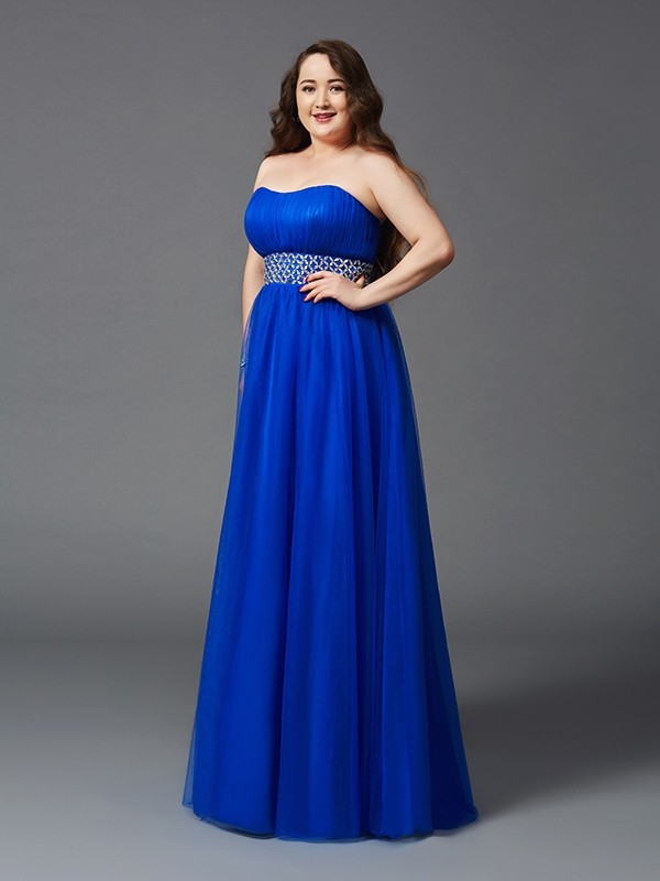 A-Line/Princess Strapless Rhinestone Sleeveless Long Net Plus Size Dresses 4755