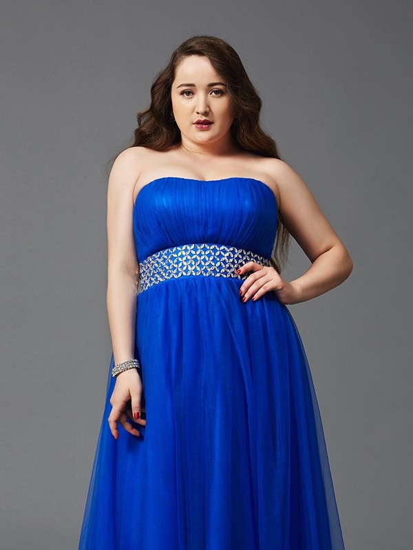 A-Line/Princess Strapless Rhinestone Sleeveless Long Net Plus Size Dresses 4755