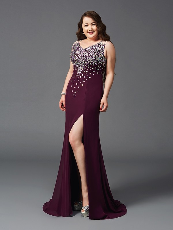 Sheath/Column Straps Rhinestone Sleeveless Long Chiffon Plus Size Dresses 6696