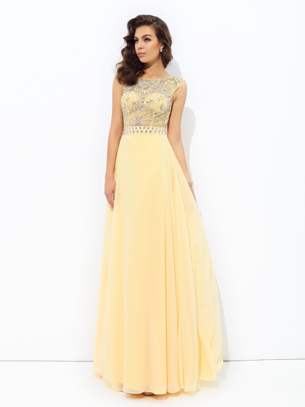 A-line/Princess Bateau Beading Sleeveless Long Chiffon Dresses 3373