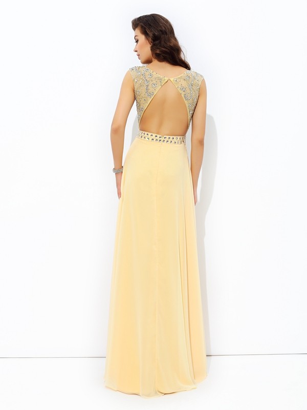 A-line/Princess Bateau Beading Sleeveless Long Chiffon Dresses 3373