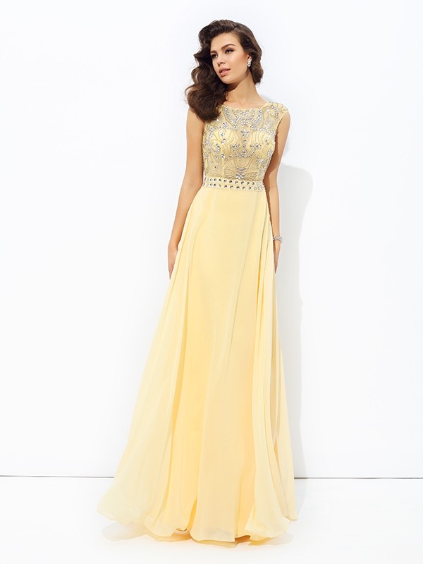 A-line/Princess Bateau Beading Sleeveless Long Chiffon Dresses 3373