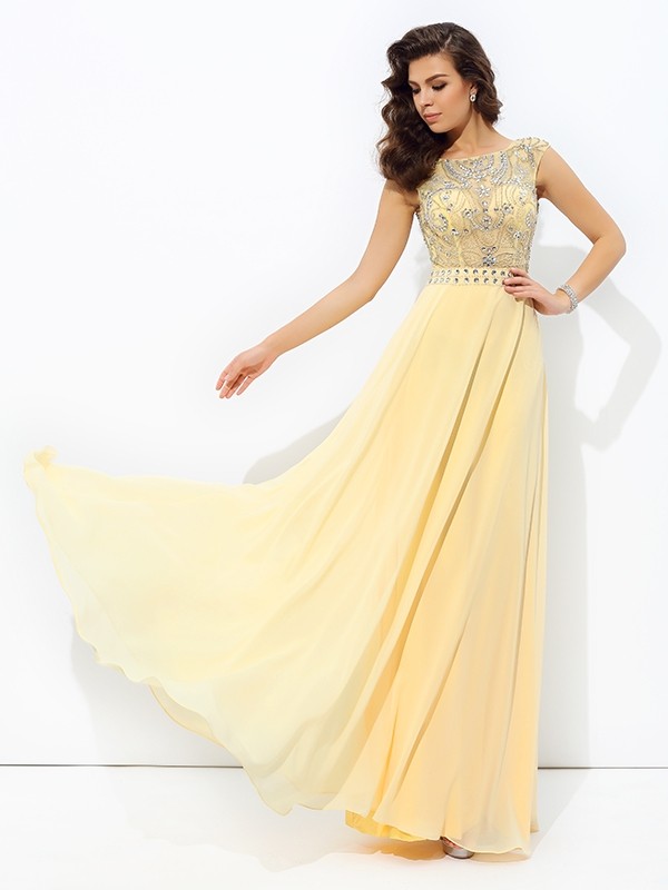 A-line/Princess Bateau Beading Sleeveless Long Chiffon Dresses 3373