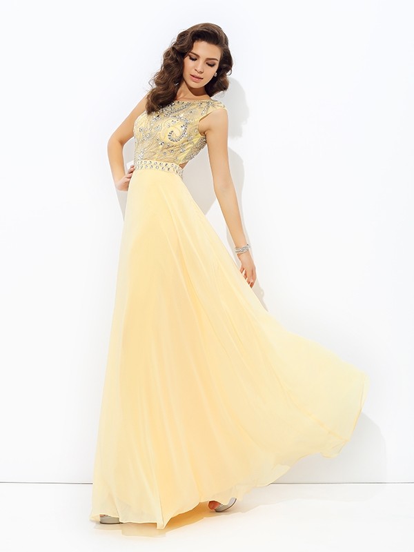 A-line/Princess Bateau Beading Sleeveless Long Chiffon Dresses 3373