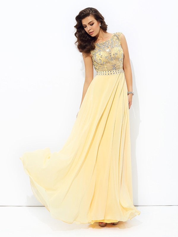 A-line/Princess Bateau Beading Sleeveless Long Chiffon Dresses 3373