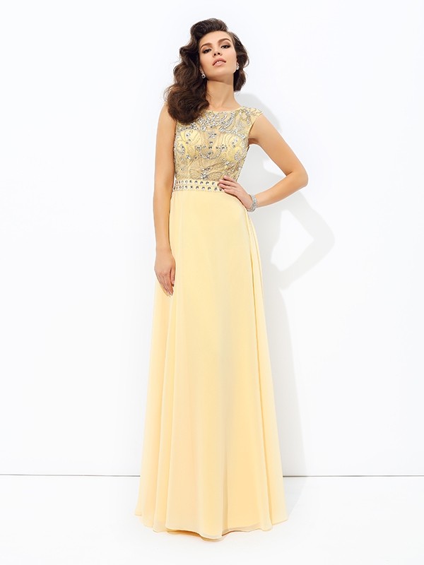 A-line/Princess Bateau Beading Sleeveless Long Chiffon Dresses 3373