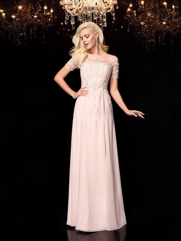 A-Line/Princess Bateau Beading Short Sleeves Long Chiffon Dresses 3367