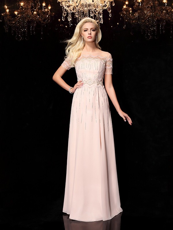 A-Line/Princess Bateau Beading Short Sleeves Long Chiffon Dresses 3367