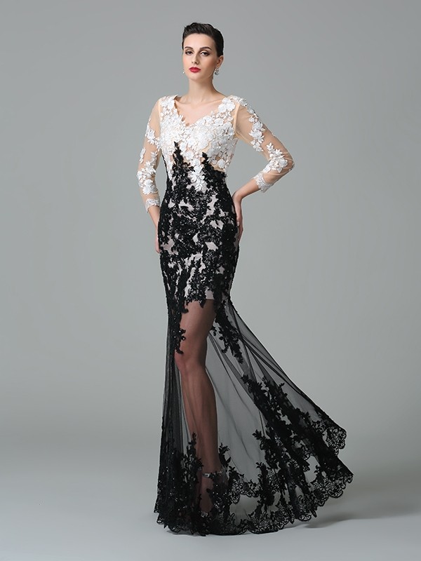 Sheath/Column V-neck Lace 3/4 Sleeves Long Net Dresses 6876