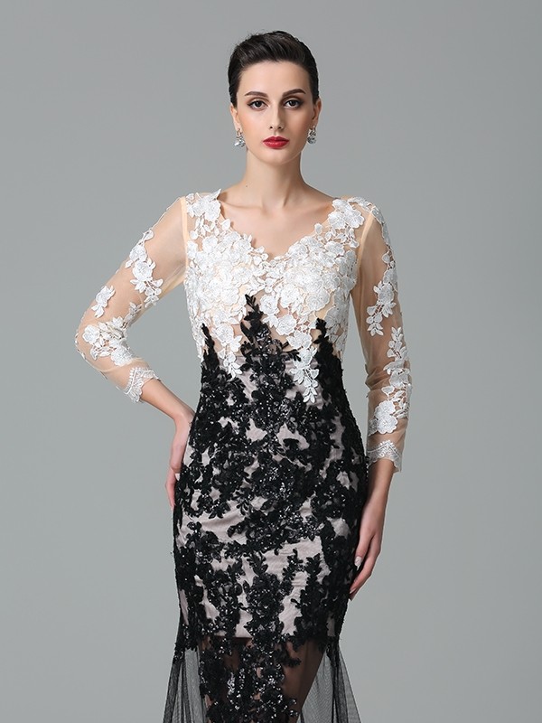 Sheath/Column V-neck Lace 3/4 Sleeves Long Net Dresses 6876