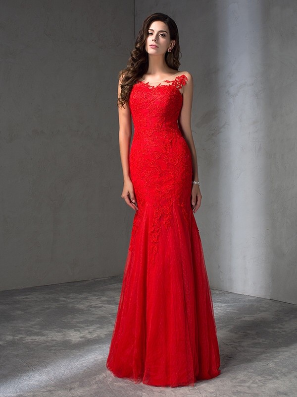 Sheath/Column Scoop Applique Sleeveless Long Lace Dresses 6367