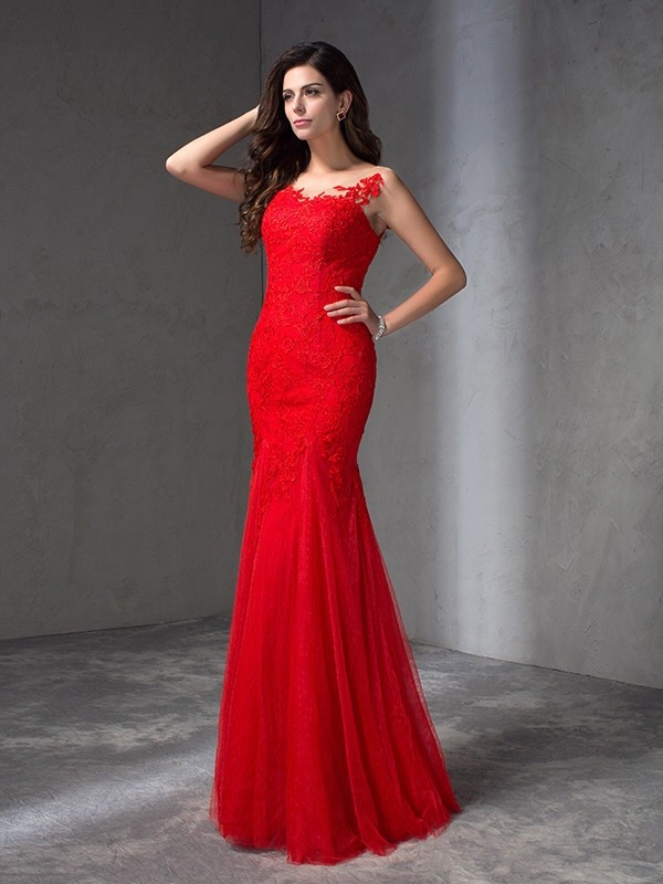 Sheath/Column Scoop Applique Sleeveless Long Lace Dresses 6367