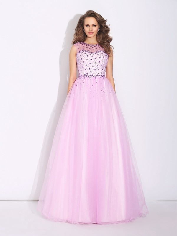 A-Line/Princess Jewel Rhinestone Sleeveless Long Net Dresses 3685