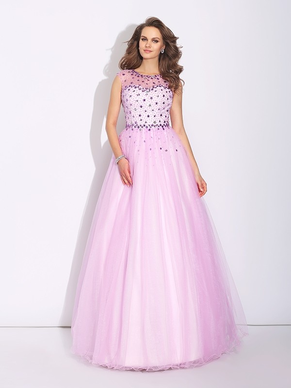 A-Line/Princess Jewel Rhinestone Sleeveless Long Net Dresses 3685