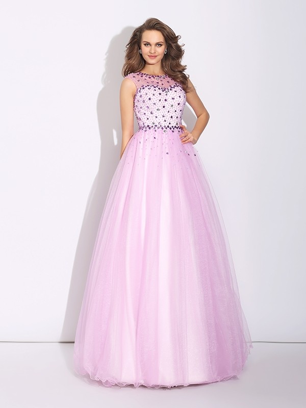 A-Line/Princess Jewel Rhinestone Sleeveless Long Net Dresses 3685