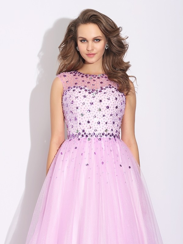 A-Line/Princess Jewel Rhinestone Sleeveless Long Net Dresses 3685