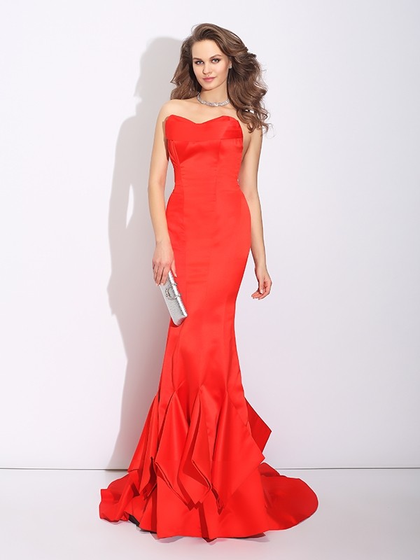 Trumpet/Mermaid Sweetheart Layers Sleeveless Long Satin Dresses 7498