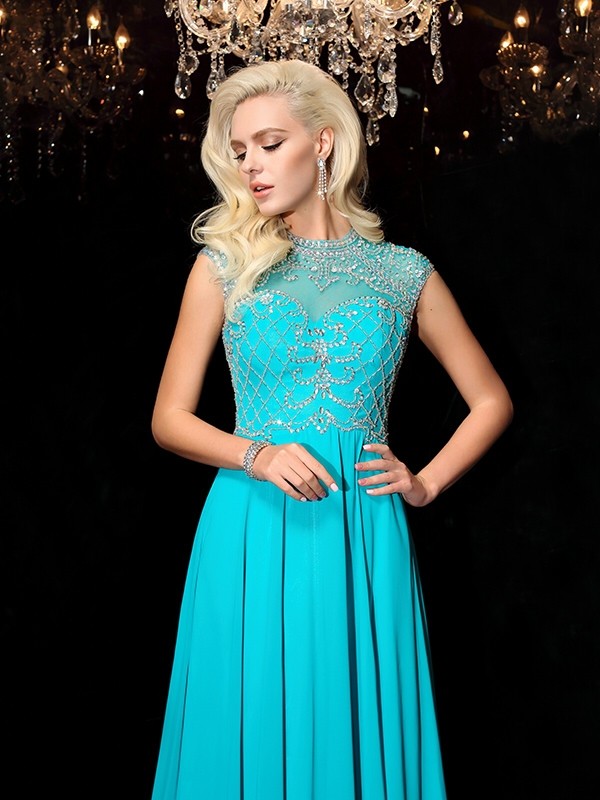 A-Line/Princess Jewel Lace Short Sleeves Long Chiffon Dresses 3683