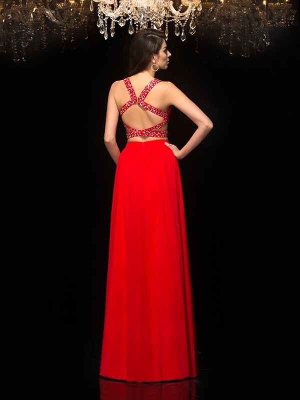 A-Line/Princess V-neck Beading Sleeveless Long Chiffon Two Piece Dresses 5449