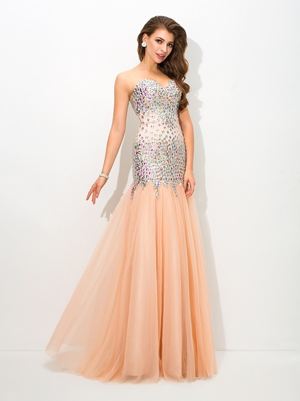 Trumpet/Mermaid Sweetheart Beading Sleeveless Long Net Dresses 7486