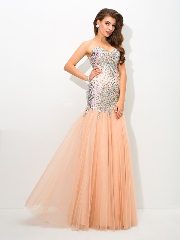 Trumpet/Mermaid Sweetheart Beading Sleeveless Long Net Dresses 7486