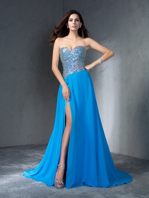 A-Line/Princess Sweetheart Sequin Sleeveless Long Chiffon Dresses 5007