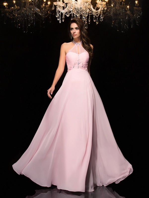 A-Line/Princess Halter Beading Sleeveless Long Chiffon Dresses 3566