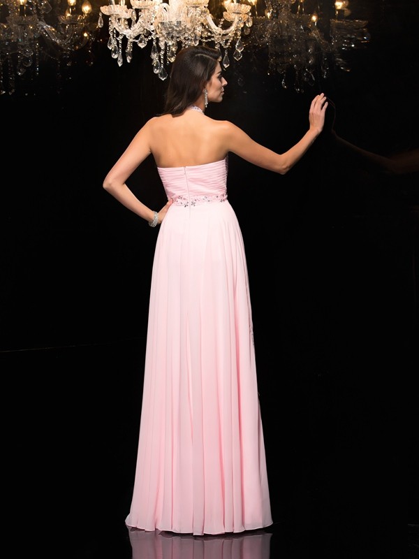 A-Line/Princess Halter Beading Sleeveless Long Chiffon Dresses 3566