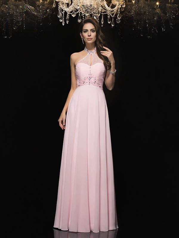 A-Line/Princess Halter Beading Sleeveless Long Chiffon Dresses 3566