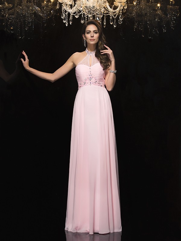 A-Line/Princess Halter Beading Sleeveless Long Chiffon Dresses 3566