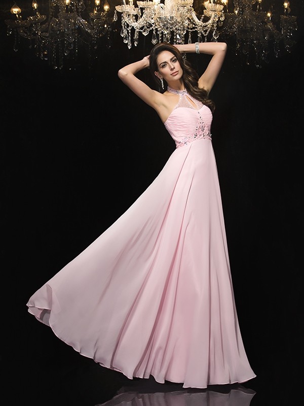 A-Line/Princess Halter Beading Sleeveless Long Chiffon Dresses 3566