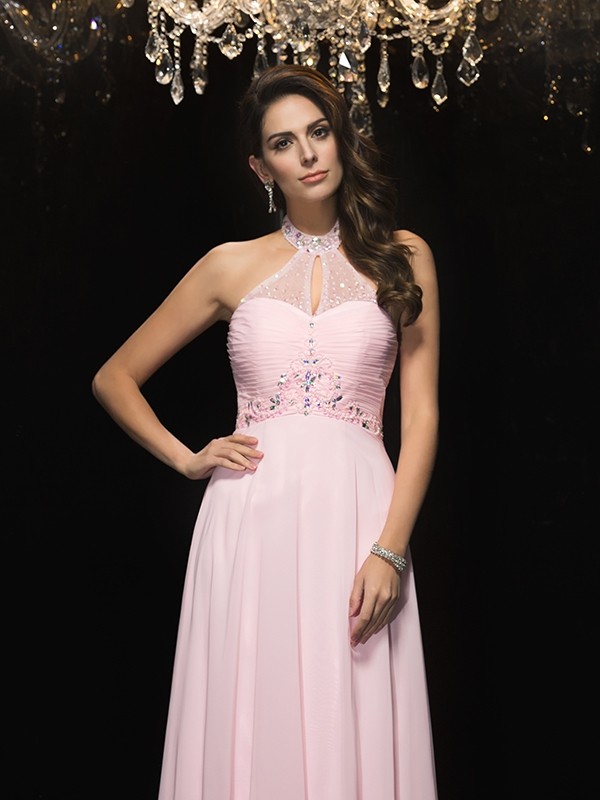 A-Line/Princess Halter Beading Sleeveless Long Chiffon Dresses 3566