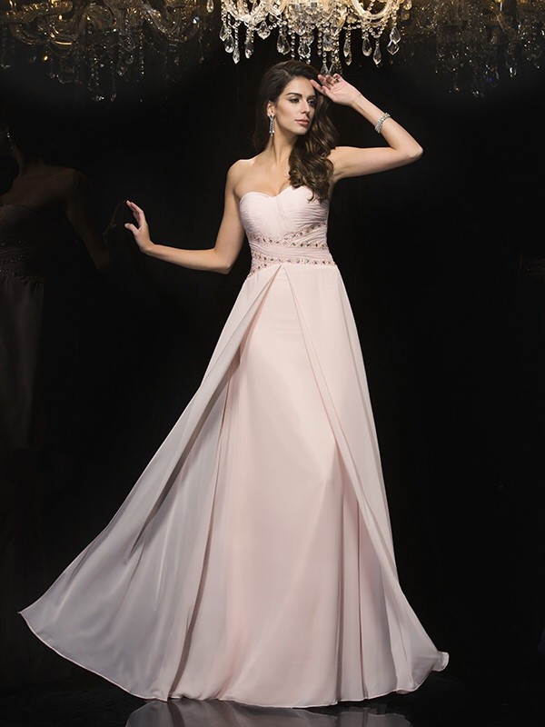 A-Line/Princess Sweetheart Beading Sleeveless Long Chiffon Dresses 4949