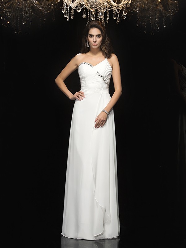 A-Line/Princess One-Shoulder Beading Sleeveless Long Chiffon Dresses 3849