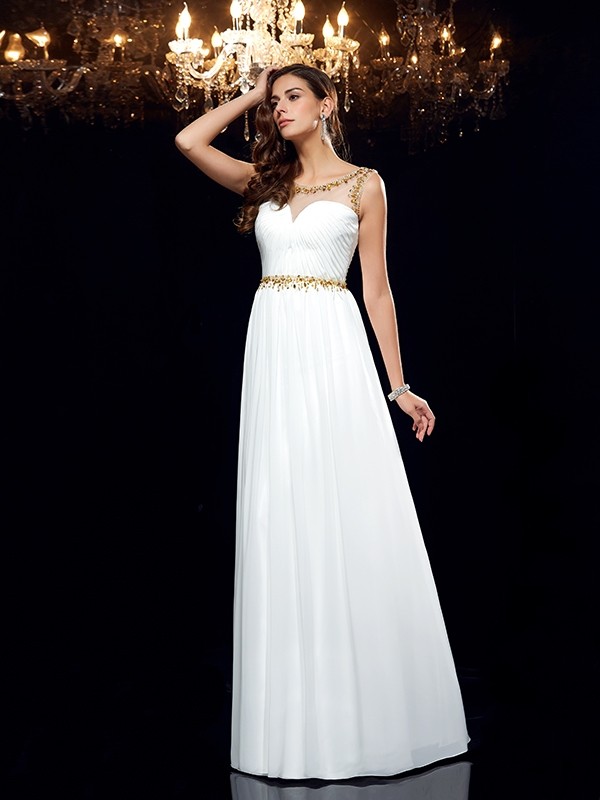 A-Line/Princess Sheer Neck Beading Sleeveless Long Chiffon Dresses 4412