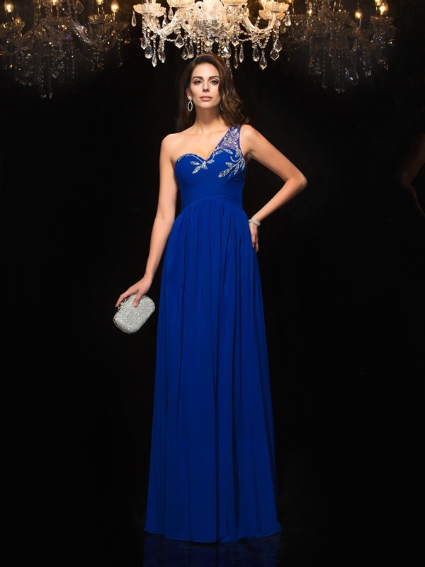 A-Line/Princess One-Shoulder Beading Sleeveless Long Chiffon Dresses 3850