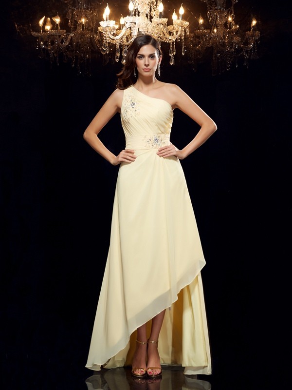 A-Line/Princess One-Shoulder Beading Sleeveless High Low Chiffon Dresses 3835