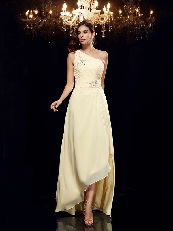 A-Line/Princess One-Shoulder Beading Sleeveless High Low Chiffon Dresses 3835